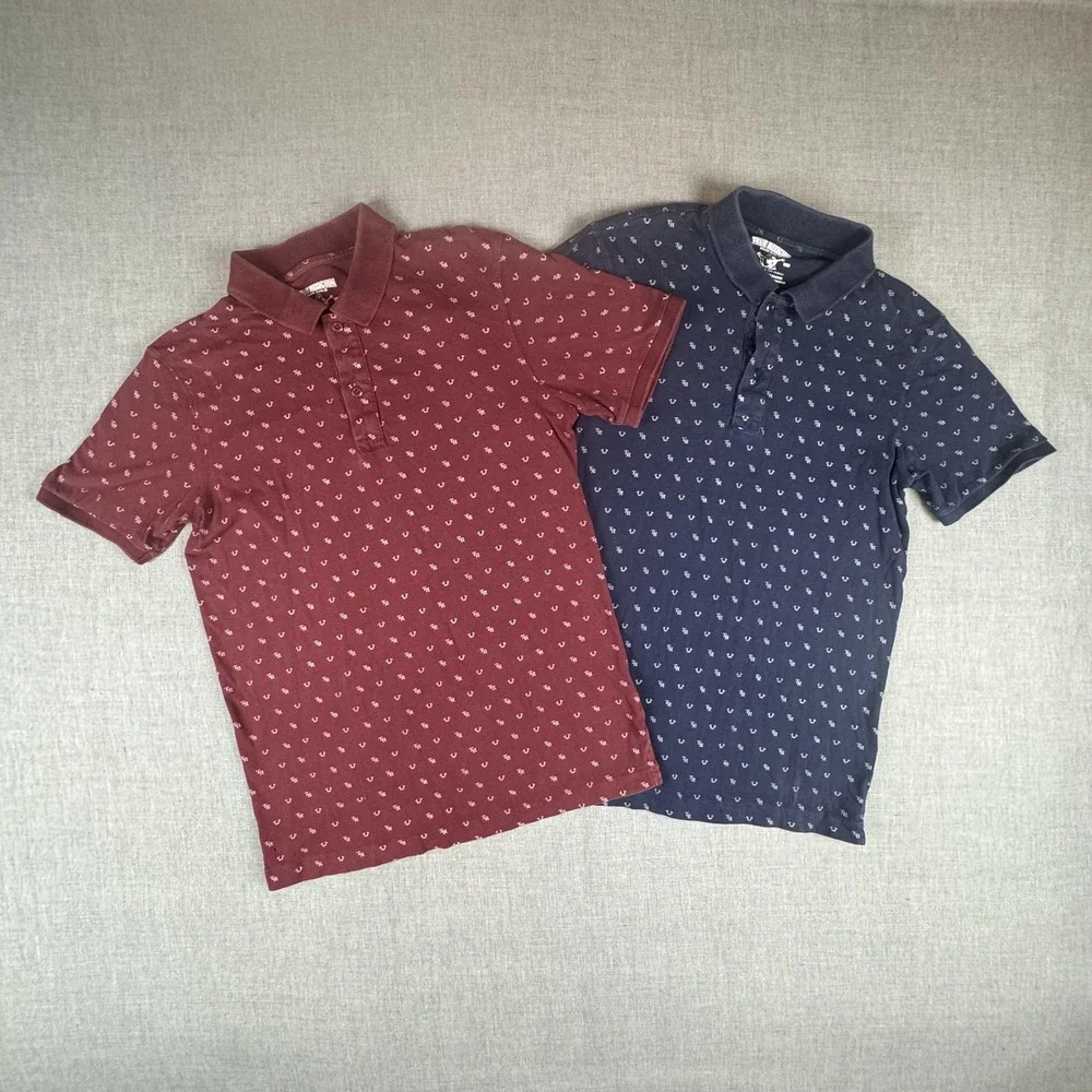 True Religion Polo Shirts Mens Medium Lot Of 2 All Over TR Logo Print